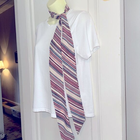 Vintage 70s cream, pink, maroon, turquoise green & gray diagonal striped scarf - Picture 3 of 6